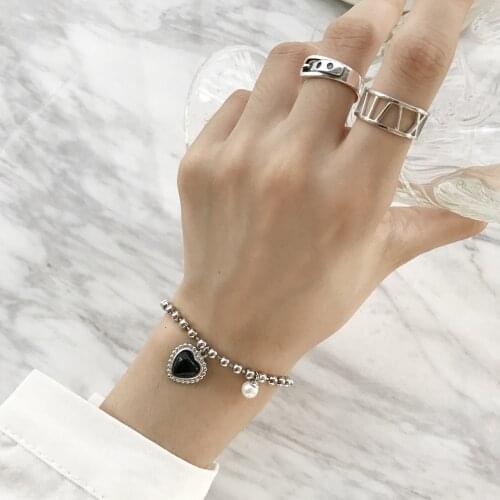 925 Sterling Silver Ball Bead Chain Bracelet White Shell Pearl Pendant Heart Shape Black Agate Gemstone Bracelets Nature Jewelry