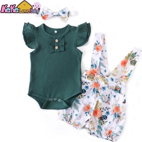Newborn Baby Girl Clothes Set Sleeveless Cotton Infant Clothing 3Pcs Ruffles Romper Tops Floral Overall Headband Summer Outfits
