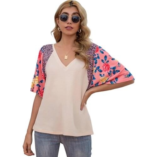 T Shirt New Women V-neck Short Sleeve Floral Print Patchwork Ladies Tops Loose Casual Streetwear 2021 Summer Femme Shirts