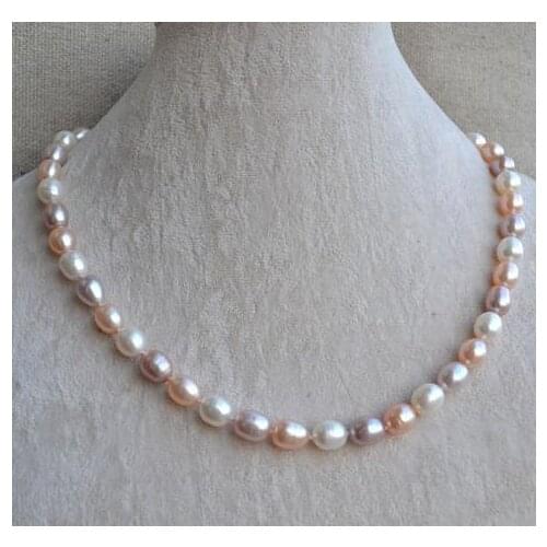 Unique Pearls jewellery Store 10MM White Pink Lavender Multicolor Rice Genuine Freshwater Pearl Necklace Fine Jewelry