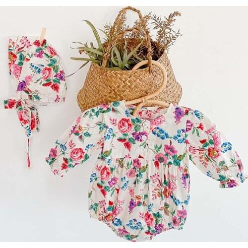 Autumn Toddler Girls Clothes Baby Floral Long Sleeve Bodysuits Jumpsuits With Hat Infant Newborn Bodysuit 0-24M
