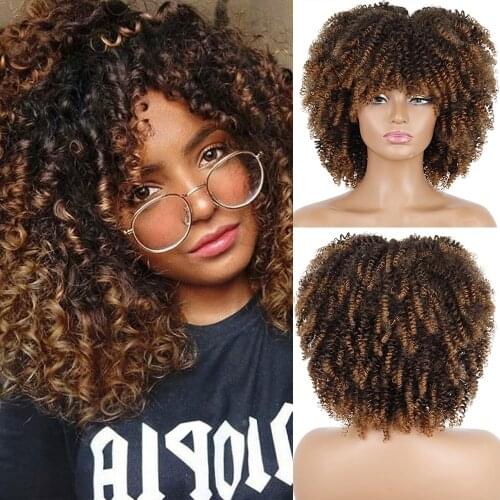 LISIHAIR Short Hair Afro Kinky Curly Wigs With Bangs For Black Women Synthetic Omber Glueless Cosplay Wigs High Temperature