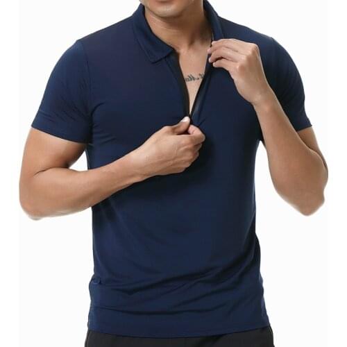Running Gym Men T Shirt Casual Summer tight Slim Tops Tees elastic T-shirt Sports Fitness Quick dry zipper POLO T Shirt