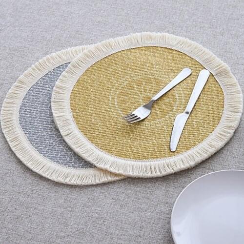 Round Placemats set for 2pcs Cotton Woven 33x33cm Floral Placemats for Dinning with Tassels Fringed Washedable 13inch table Mat