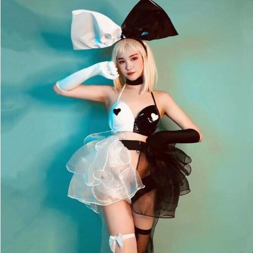 Creativity Nightclub Gogo Jazz Dance Stage Costume Black White Stitching Bikini Set Party Festival Rave Outfit Bow Headwear 4169