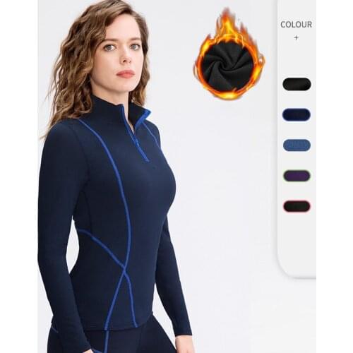 New womens autumn and winter plus velvet long-sleeved yoga sportswear fitness running slim top half zipper sweater 02513