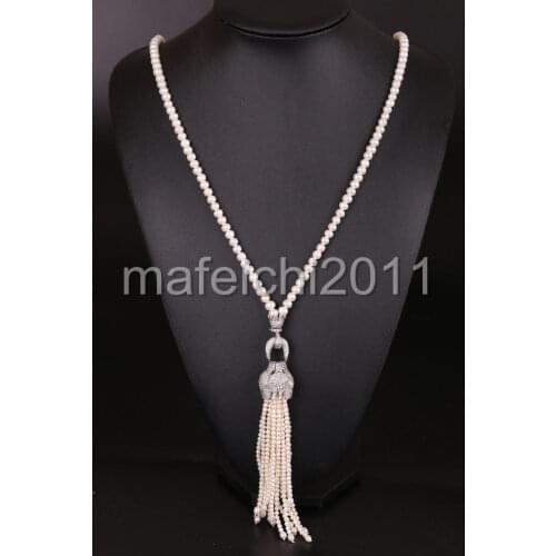 NEW leopard 3-4mm tassel Akoya Cultured Pearl Necklace 25"