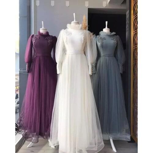 YiMinpwp Sweet Prom Dresses Long Sleeve A Line Floor Length Appliques Beading Muslim Evening Party Gowns vestidos formales
