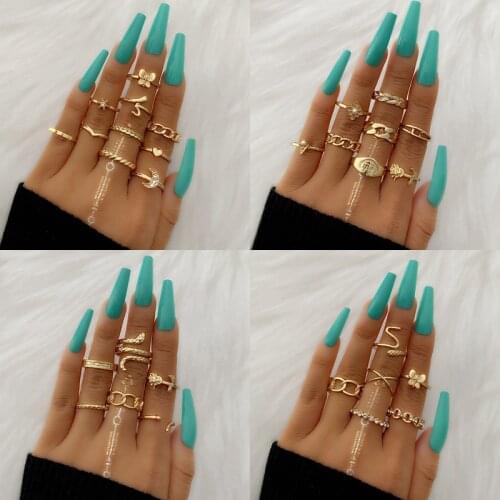 KISS WIFE Punk Crystal Geometric Gold Metal Rings Set For Women Snake Butterfly Womens Rings 2021Trend NEW Fashion Jewelry Gift