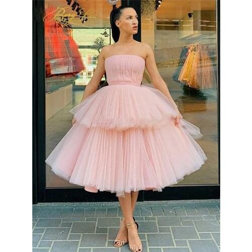 Pukguro A Line Pink Prom Dress Tiered Tulle Strapless Womens Formal Party Gowns Elegant Tea Length robe de soiree vestidos