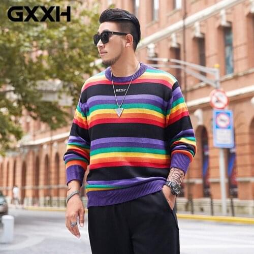 Rainbow Round Neck Sweater Men GXXH Autumn Winter Plus Size Mens Jumpers Knitted Clothes Fashion Striped Oversized Pullover Male