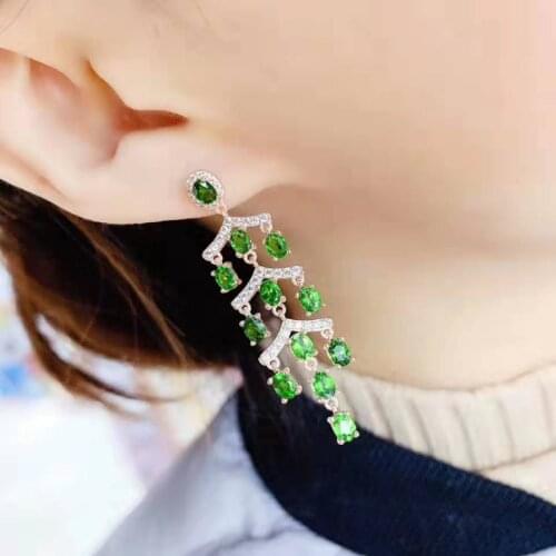 Myanmar natural diopside Earring 925 silver green gemstone classic 3x4mm