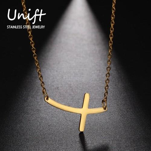 Unift Creative Side Cross Pendant Necklace Stainless Steel Choker Necklace For Women Christian Faith Jewelry Trendy Accessories