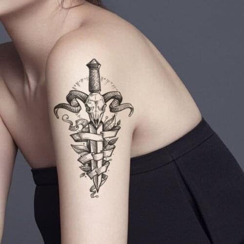 Waterproof Temporary Tattoo Sticker Black Skull Angle Knife Leaves Line Fake Tattoos Flash Tatoos Arm Leg Body Art for Women Men