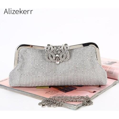 Diamond Rhinestone Clip Evening Clutch Bag Women New Elegant Handmade Crown Chain Soft Dinner Bag Ladies Wedding Party Purse