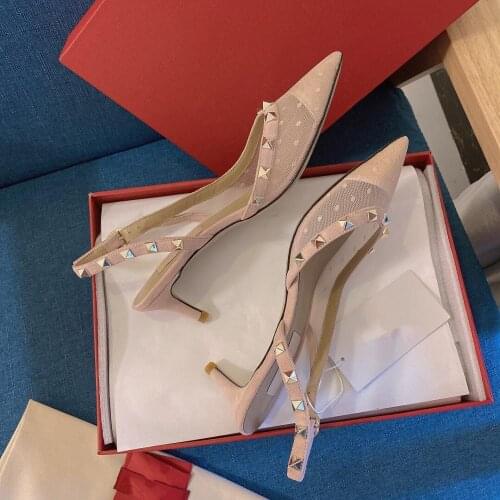 Zapatos De Mujer Shoes Women Polka Dot Air Mesh Women Sandals Rivet High Thin Heels Pointed Toes Sandals Shallow Woman Sandals