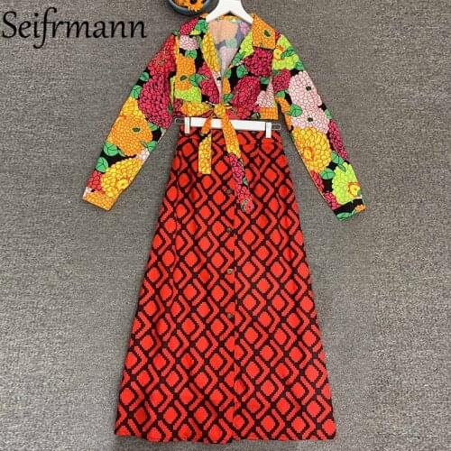 Seifrmann New 2021 Autumn Women Fashion Designer Skirts Set Long Sleeve Short Tops + High Waist Plaid Printed Long Skirts Suits