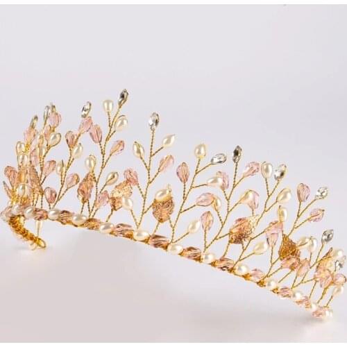 Romantic Pink Crystal Pearl Crown Tiaras for Women Bridal Handmade Flower Hairbands Pageant Crowns Wedding Hair Accessories