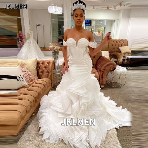 Off-the-shoulder Lace-up Pleat Ruffle Organza Mermaid Wedding Dress White Trumpet Bridal Gown Vestidos De Novia 2021