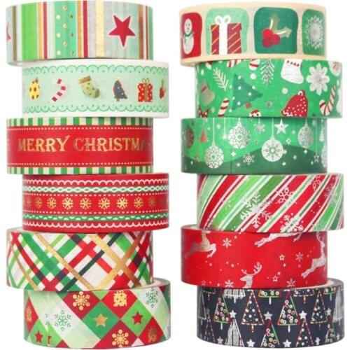 12 Rolls Christmas Element Print Washi Tape Set Colorful Wide Foil Decorative Masking Washi Tapes for Journal Scrapbook