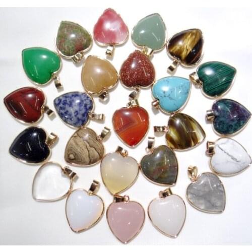 2020 New Natural Stone Quartz Crystal tiger eye Opal gold side heart-shaped 25mm Pendant Charms for Jewelry Making Necklace 1pc