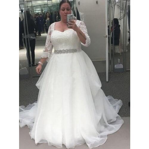 2020 Plus Size A Line Wedding Dresses With Sleeves Lace Appliques Beaded Sash Garden Tulle Bridal Gowns Custom Made