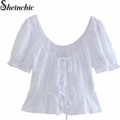 2021 Summer Casual Short Sleeve Loose Tops Pullover Elegant Office Lady Solid Shirt Blouse O-Neck Women Bandage Shirt Blusa