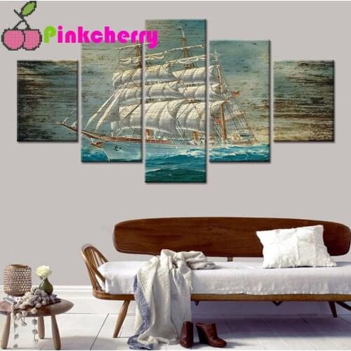 5d diy diamond painting 5 Piece Sun Boat Night Pirate Sailboat embroidery full square round diamond mosaic,crystal diamond k1210