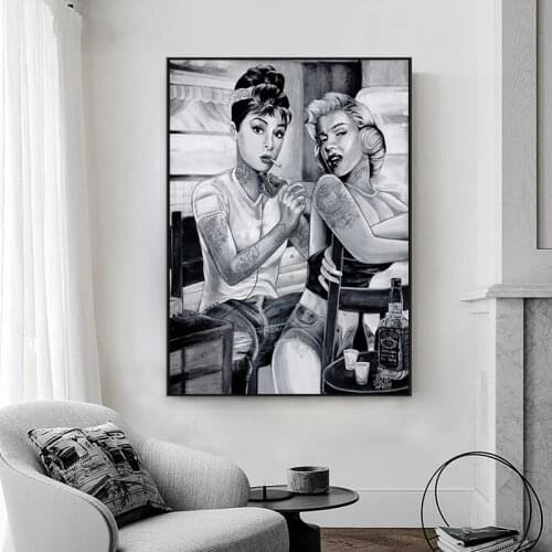 Marilyn Monroe Audrey Hepburn Portrait Canvas Painting Tattoo Smoking Women Posters and Prints Wall Pictures for Home Decoration