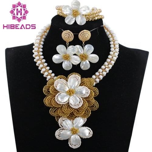AElegant Lady Party Flower Pendant Necklace Set White Gold Floral Clusters Necklace Earrings Bracelet Set ANJ331