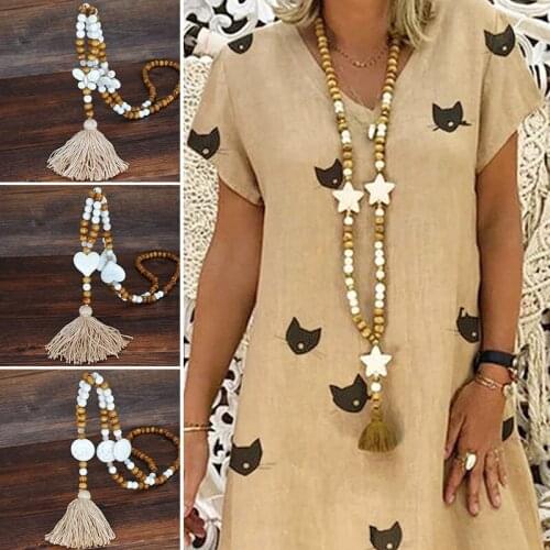 Bohemian Necklace for Women Handmade Stones Tassels Wood Beads Necklace Long Ladies Jewelry Gifts Clothing Dress Accessories