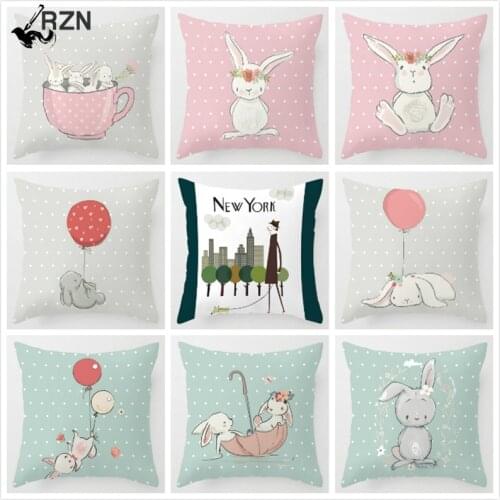 Nordic Cushion Cover Kids Room Decor Cute Pink Rabbit Bunny Cartoon Animal Throw Pillow Case 45x45cm Decorative Cushion Case