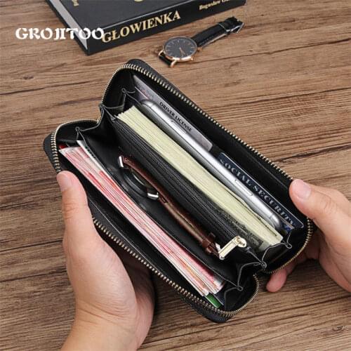 GROJITOO Cowhide Leather Long Men Wallet Top Layer Leather Business Woven Pattern High Quality Leather Wallet With Phone Purse