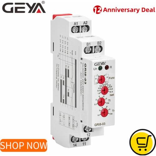 GEYA GRI8-03 Over Current or Under Current Adjustable Relay 0.05A 1A 2A 5A 8A 16A Current Selection Relay