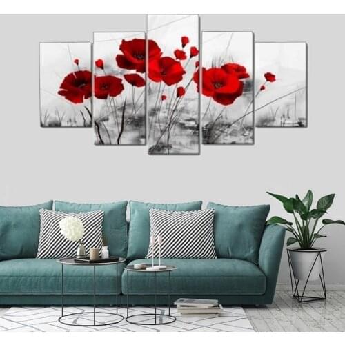 Canvas Painting Wall Art Red Flowers 5 Panels Modern Picture Murals Poster Home Living Room Home Decoration