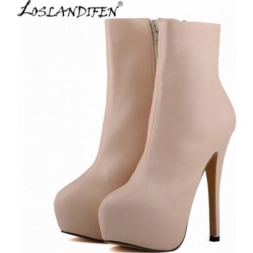 LOSLANDIFEN Fashion Women Sexy High Heels Boots PU Leather Pumps Round Toe Autumn Winter Platform Wedding Shoes
