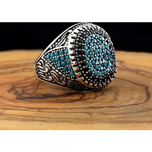 925 Sterling Silver Ring For Men Black Zircon And Feroza Stones Jewelry Fashion Vintage Gift Mens Rings All Size Made in Turkey