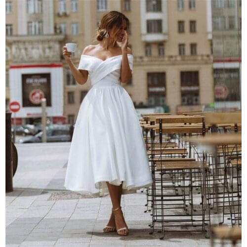 MYYBLE Spring V-Neck A-Line Wedding Dresses 2021 Sleeves Tea-Length Pleated Bridal Gowns Mid-calf Beach Lace Up Corset