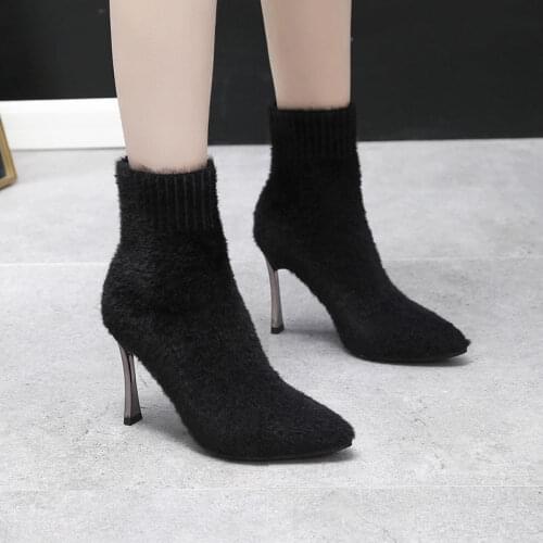 New Ankle Boots Autumn Pointed Toe Stretch Knitting Sock Boots Plus Size High Heels Female Slip On Lady Shoes Hot Fashion Shoe