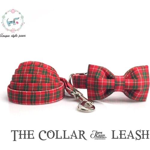 Dog Or Cat Collar And Leash Set With Bow Tie Cotton Dog &Cat Pet Necklace Adjustable Buckle For Pet Christmas Gift the christmas