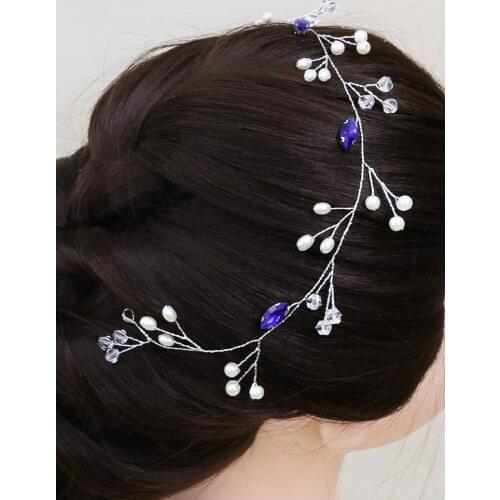 Romantic Blue Rhinestone Headband Crystal Pearl Wedding Hair Accessories Bridal Headdress for Women Hairpiece Jewelry Girls Gift