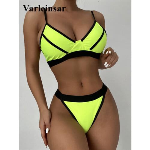 Sexy Neon Green High Leg Cut Bikini Women Swimwear Female Swimsuit Two-pieces Bikini set Splicing Bather Bathing Suit Swim V3146