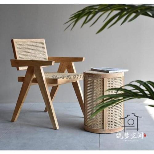 Nordic ins solid wood rattan chair designer Chandigarh log dining chair net red light luxury backrest lounge chair