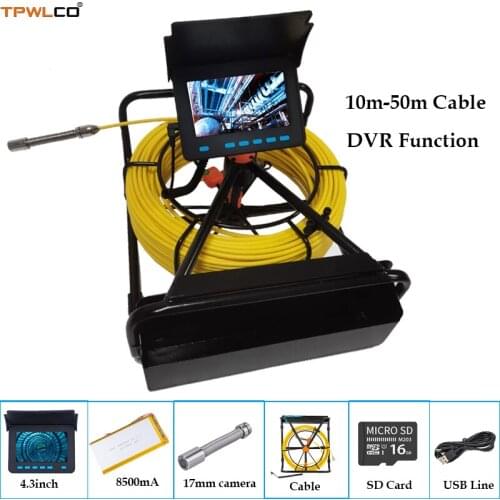 4.3inch Color Display Video Pipe Drain Inspection System 10-50m Cable 17mm Cleaner Camera Head DVR Function 8500mA Battery