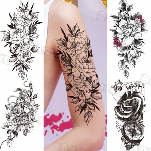 Large Black Rose Flower Temporary Tattoos For Women Girl Peony Snake Poker Fake Tattoo Waterproof Body Art Painting Tatoo Decal