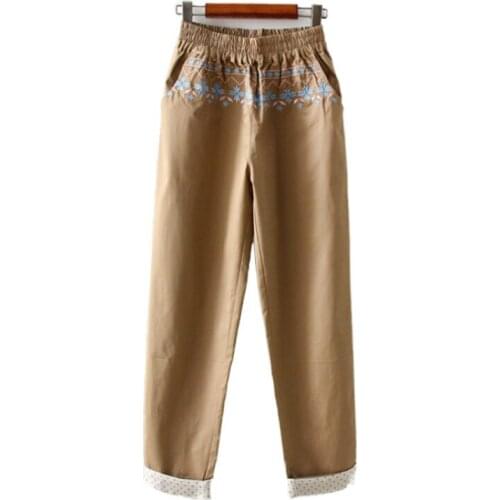 Merry Pretty Women Floral Embroidery Calf Length Pants 2019 Summer Dot Patchwork Elastic Waist Khaki Pant Casual Straight Pants