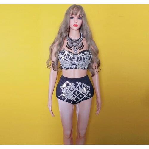 Women Sexy Sparkly Crystals Black Bikini Outfit Bras Short Necklace Costume Singer Stage Performance Wear Sexy Dance Outfits