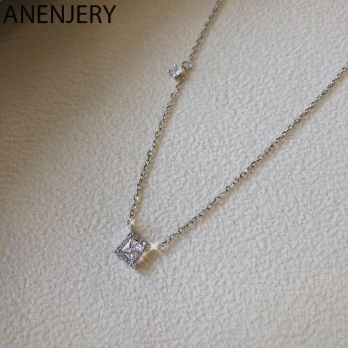 ANENJERY 925 Sterling Silver O-Chain Cubic Zircon Square Necklace For Women Gift Fashion Temperament Jewelry S-N721
