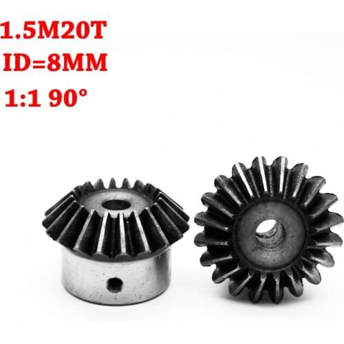 2Pcs 8mm 1:1 Bevel Gear 1.5 Modulus 20 Teeth ID=8mm 90 Degree Drive Steel Gears Screw Hole M5