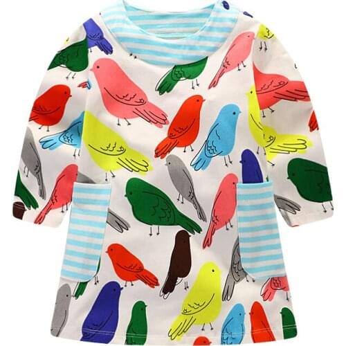 2017 New 1-6 Years Girls Dress Long Sleeve Cartoon Bird Spring Autumn Dresses Cotton Casual Kids Clothing KF266